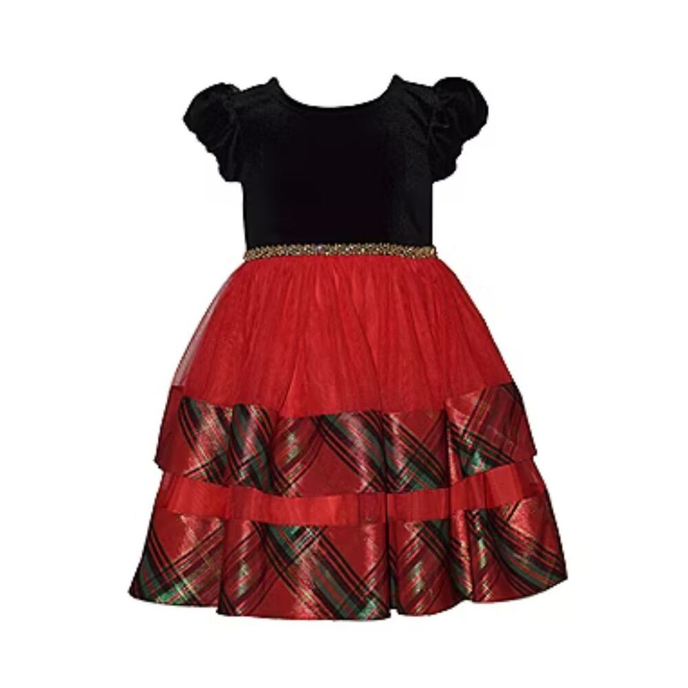 Bonnie Jean Red Velvet & Plaid Tiered Holiday Dress Girls New Christmas Size 6X
